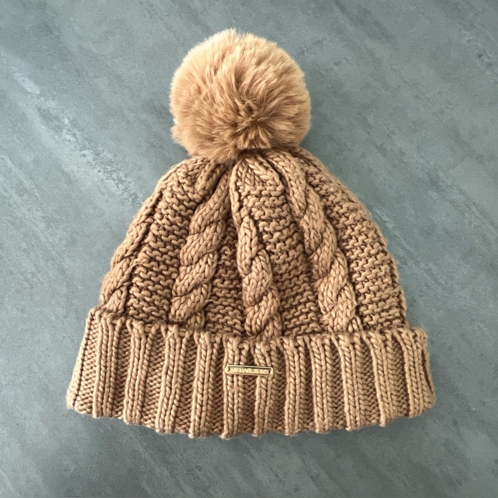 Michael Kors Tan Women’s Cable Knit Pom Pom Fleece Lined Winter Beanie Hat